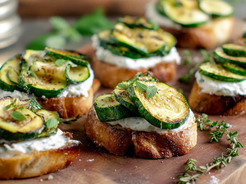 Ein Brett mit Bruschetta mit gegrillter Zucchini.