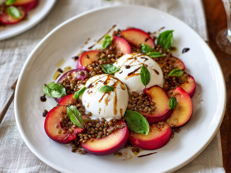 Burrata mit Pflaumen und Linsen auf einem großen Teller.