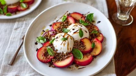 Burrata mit Pflaumen und Linsen auf einem großen Teller.