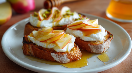 Drei Burrata-Toasts mit Apfel und Honig liegen auf einem Teller.
