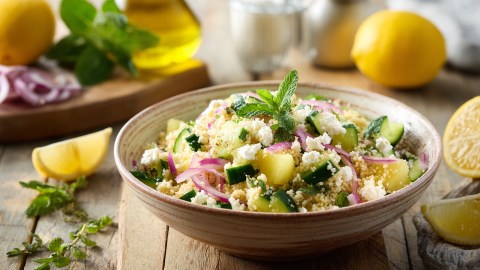 Ein Teller mit einem Couscous-Salat mit Gurke und Melone, der auf einer Holzoberfläche steht. Im Hintergrund kann frische Zutaten wie Zitronen, Kräuter und rote Zwiebeln erkennen. Auch ein Gefäß mit Öl ist zu sehen.