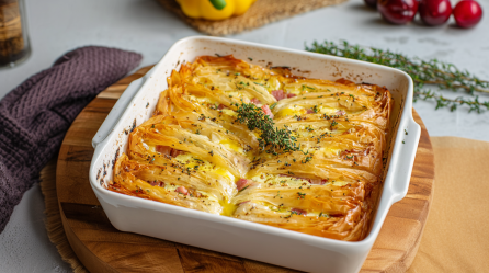 Eine Auflaufform mit Crinkle Cake auf einem Holzbrett. Im Hintergrund sieht man eine gelbe Paprika, Cherrytomaten und getrockneten Thymian.