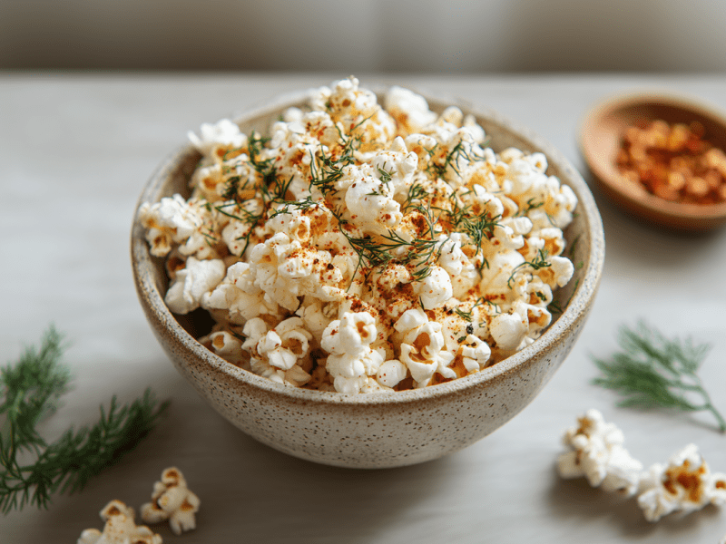 Eine Schale mit Dill-Popcorn auf einem grauen Tisch. Um die Schale liegt etwas Popcorn verteilt sowie Dill und hinten rechts steht ein Schälchen mit Chiliflocken.