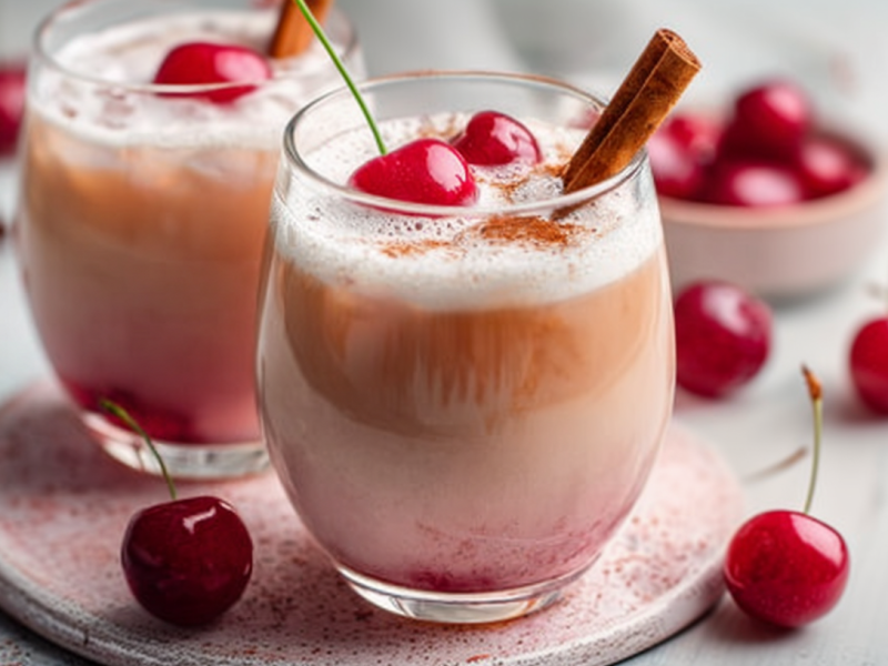 Zwei Gläser mit Earl Grey Kirsch Latte, dekoriert mit Kirschen und einer Zimtstange. Einige Kirschen liegen als Deko daneben.
