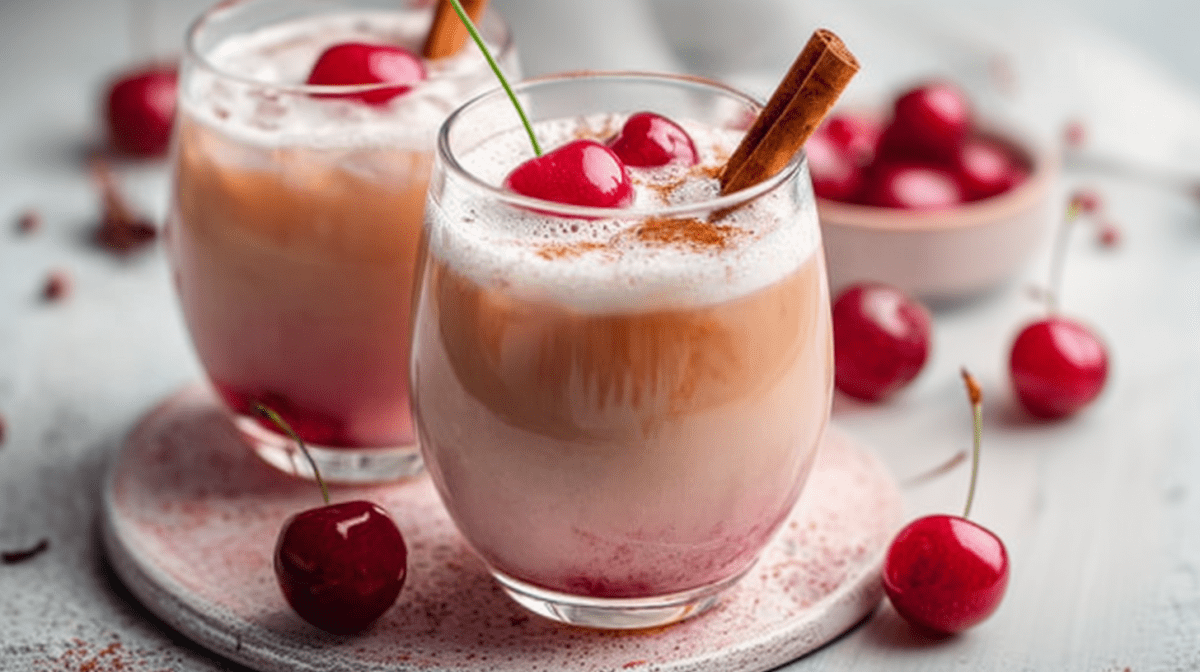 Zwei Gläser mit Earl Grey Kirsch Latte, dekoriert mit Kirschen und einer Zimtstange. Einige Kirschen liegen als Deko daneben.