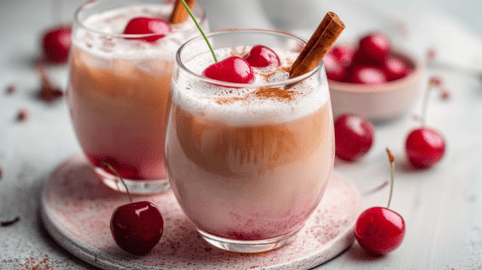 Zwei Gläser mit Earl Grey Kirsch Latte, dekoriert mit Kirschen und einer Zimtstange. Einige Kirschen liegen als Deko daneben.