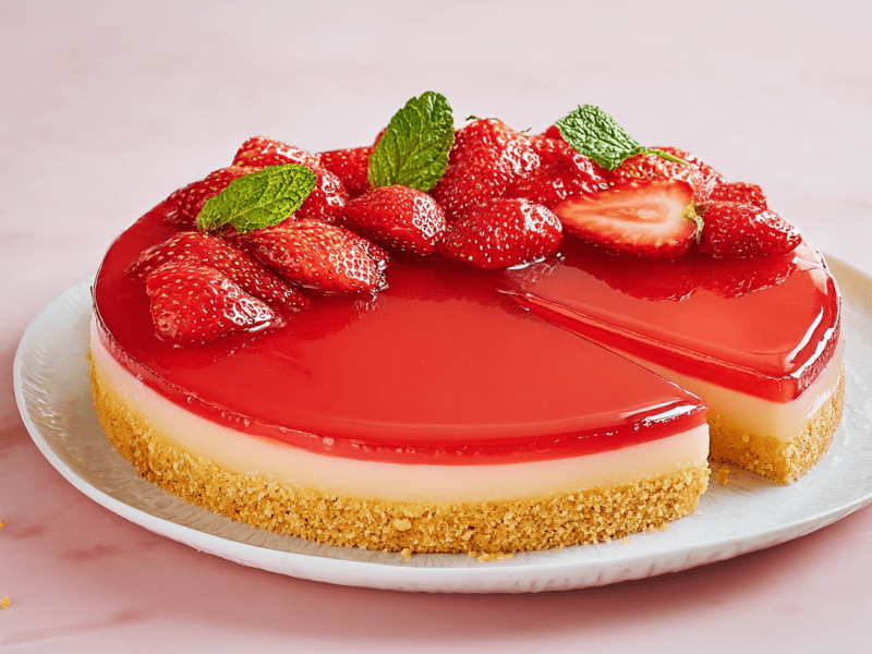 Erdbeer-Grieß-Tarte mit Erdbeeren als Dekoration. Ein Stück ist angeschnitten.