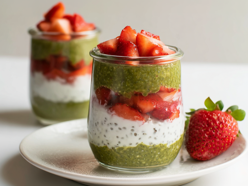Zwei Gläser mit Erdbeer-Matcha-Overnight-Oats. Eins steht auf einem Teller, eine Erdbeere liegt daneben.