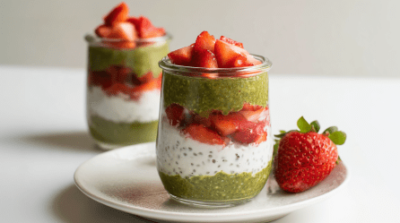 Zwei Gläser mit Erdbeer-Matcha-Overnight-Oats. Eins steht auf einem Teller, eine Erdbeere liegt daneben.