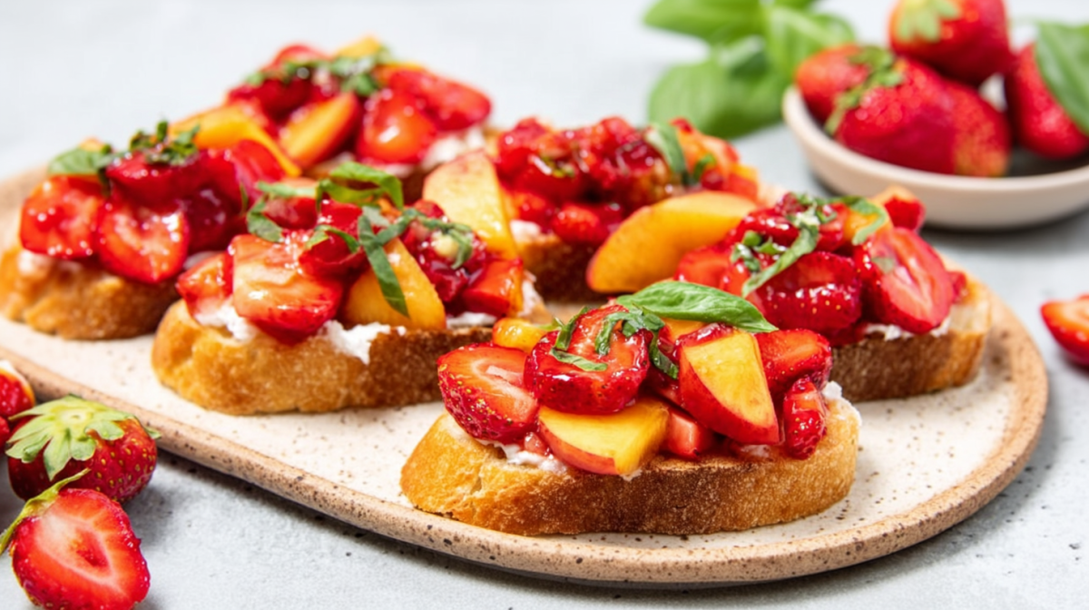 Erdbeer-Nektarinen-Bruschetta, angerichtet auf einem Brett. Im Vordergrund liegt eine Erdbeere, im Hintergrund ist eine Schale mit den Beeren zu sehen.