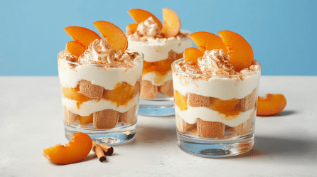 Drei Gläser mit Fantakuchen-Dessert. Eine Pfirsichspalte und eine Zimtstange liegen als Deko davor.