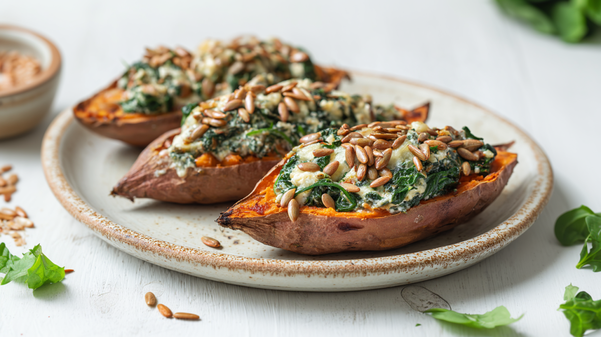 Drei Feta-Spinat-Süßkartoffeln liegen auf einem Keramikteller. Drumherum sind einige Sonnenblumenkerne verteilt. Die Süßkartoffeln sind mit Spinat und Käse gefüllt und mit Sonnenblumenkernen garniert.