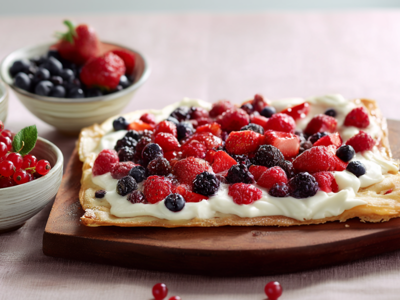 Flammkuchen mit Beeren, serviert auf einem Brett. Außen herum stehen Beeren auf einem Brett.