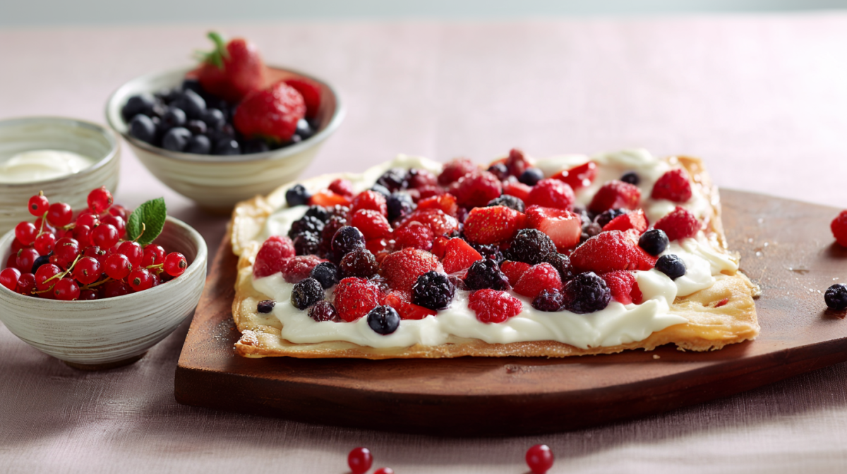 Flammkuchen mit Beeren, serviert auf einem Brett. Außen herum stehen Beeren auf einem Brett.