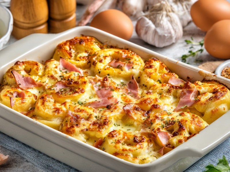 Frühstücksrollen mit Ei, Speck und Käse in einer Auflaufform.