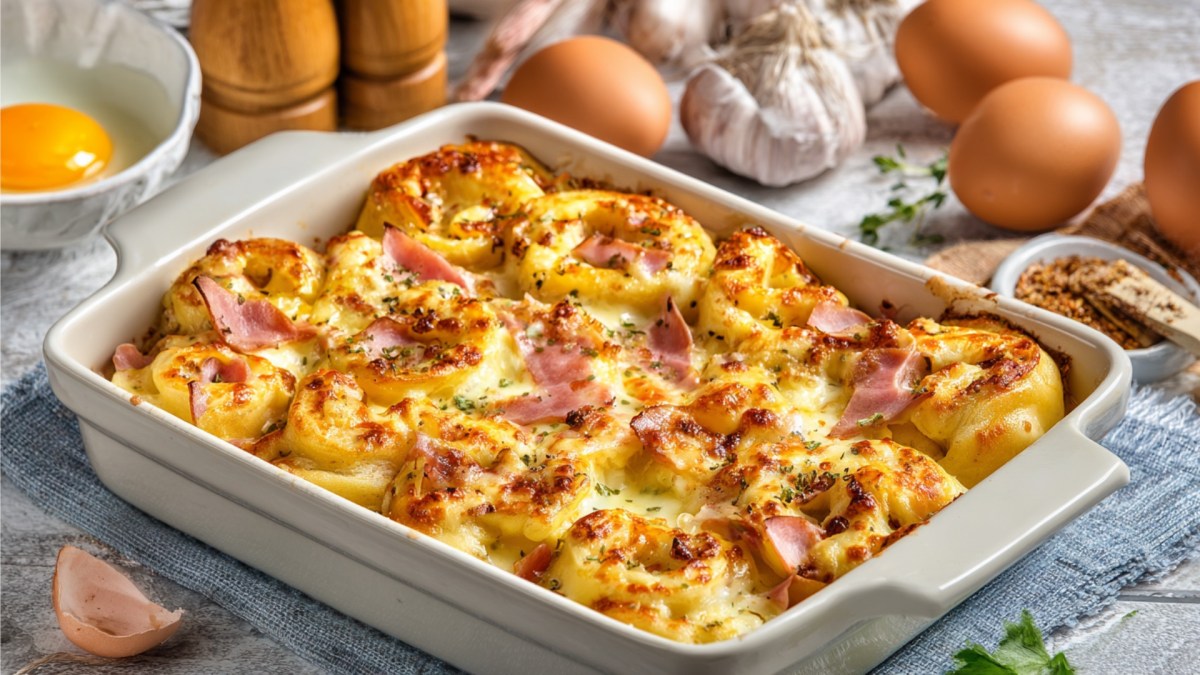 Frühstücksrollen mit Ei, Speck und Käse in einer Auflaufform.