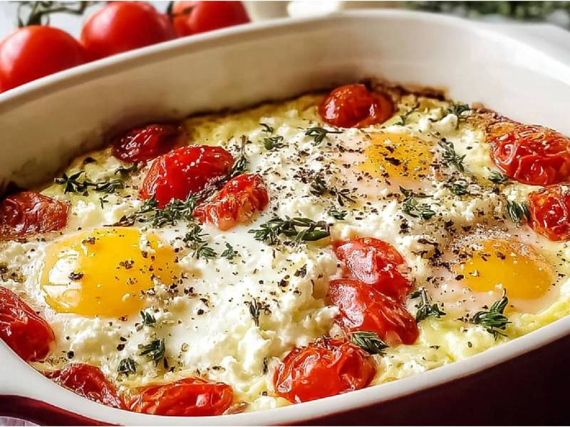 Auflaufform mit gebackenen Feta-Eiern