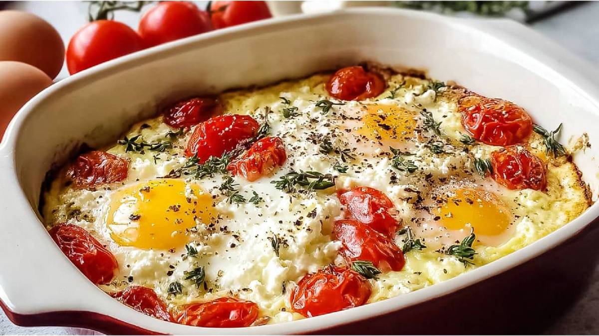 Auflaufform mit gebackenen Feta-Eiern