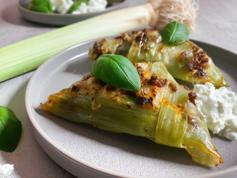 Ein Teller mit zwei dreieckig geformten gefüllten Lauchblättern, die mit einem Blatt Basilikum garniert sind. Auf dem Teller sind sie mit einem Dip angerichtet. Im Hintergrund liegt ein ganzer Lauch. Zudem liegen einige ganze Pfefferkörner und Knoblauchzehen herum.