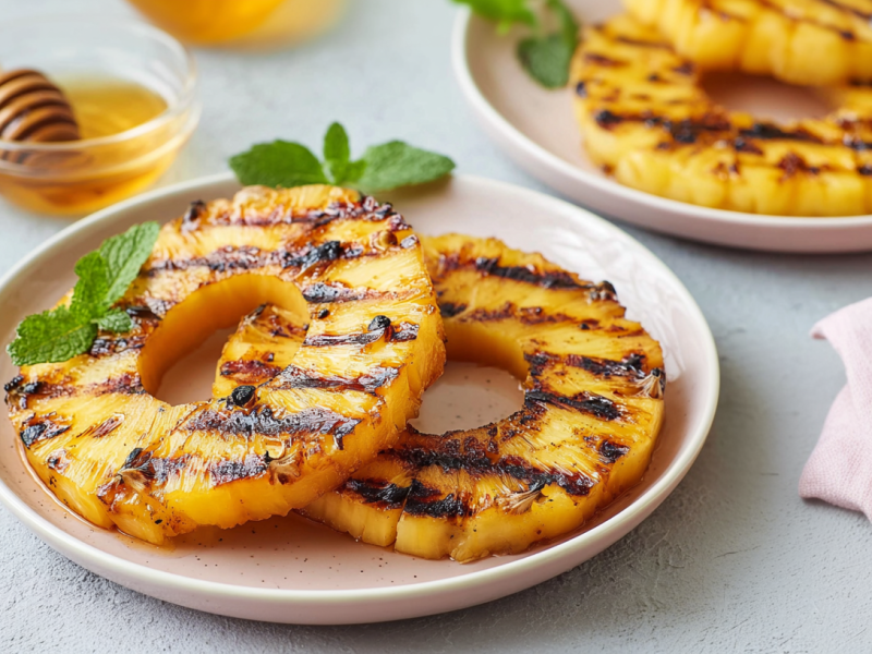 Gegrillte Ananas mit Honig und Zimt, serviert auf zwei Tellern. Im Hintergrund steht ein Schälchen mit Honig.