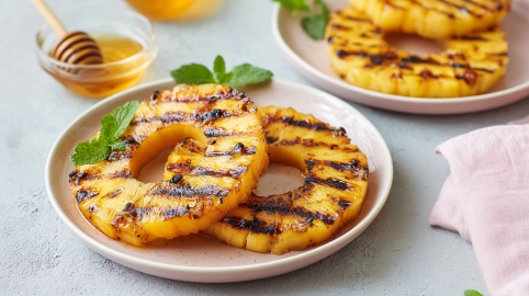 Gegrillte Ananas mit Honig und Zimt, serviert auf zwei Tellern. Im Hintergrund steht ein Schälchen mit Honig.