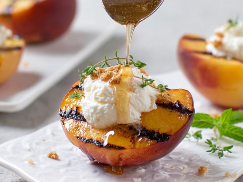 Ein halber gegrillter Pfirsich mit Mascarpone und Honig, der mit ein paar feinen Amarettini-Krümeln und Thymian garniert ist. Im Hintergrund sind weitere gegrillte Pfirsiche zu erkennen.