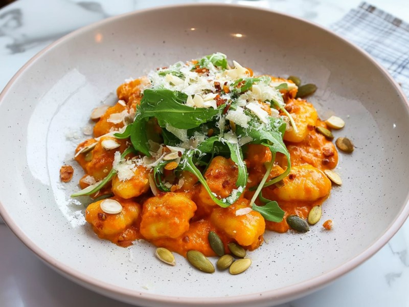 Ein Teller mit einer Portion Gnocchi in Ajvar-Frischkäse-Soße, die mit frischem Rucola, geriebenem Parmesan sowie verschiedenen Kernen garniert sind. Neben dem Teller liegt eine karierte Stoffserviette. Der Teller steht auf einem Tisch in Marmoroptik.
