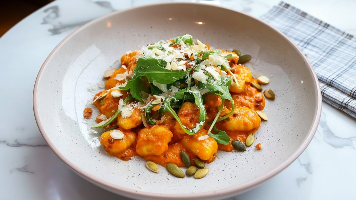 Ein Teller mit einer Portion Gnocchi in Ajvar-Frischkäse-Soße, die mit frischem Rucola, geriebenem Parmesan sowie verschiedenen Kernen garniert sind. Neben dem Teller liegt eine karierte Stoffserviette. Der Teller steht auf einem Tisch in Marmoroptik.
