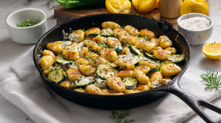 Eine Gnocchi-Zucchini-Pfanne auf einem weißen Küchentuch. Im Hintergrund sieht man noch einige Zitronen liegen. Die Pfanne ist umringt von einigen frischen Rosmarin-Zweigen.
