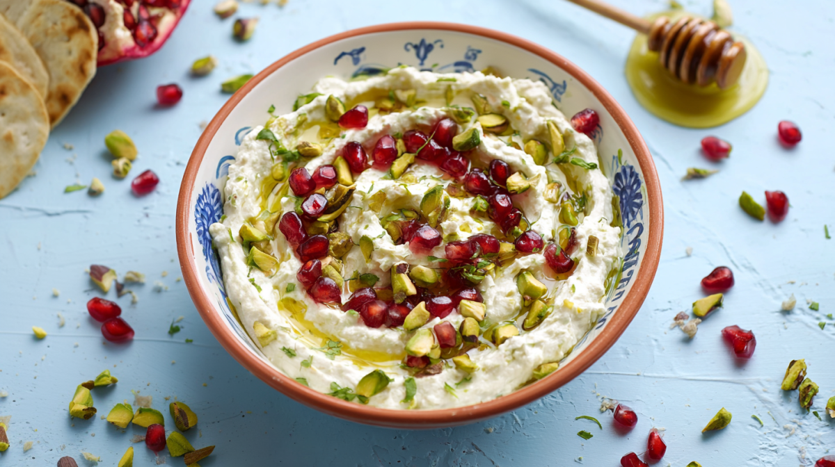 Granatapfel-Pistazien-Dip in einer Schüssel. Einzelne Granatapfel- und Pistazienkerne liegen als Deko um die Schale.