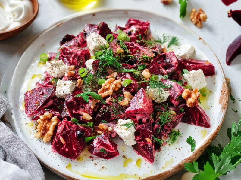 Ein großer Teller mit einer Portion griechischem Rote-Bete-Salat. Links neben dem Teller liegt ein hellgraues Küchenhandtuch. Außerdem sind eine Schüssel Joghurt sowie Stücke von Roter Bete, frische Petersilie und Walnüsse zu erkennen, die alle um den Teller herum liegen.