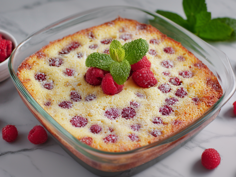 Eine Auflaufform gefüllt mit Grießauflauf mit Himbeeren und Quark. Dekoriert mit frischen Himbeeren und Minzblättern. Einige Himbeeren liegen um die Form herum.