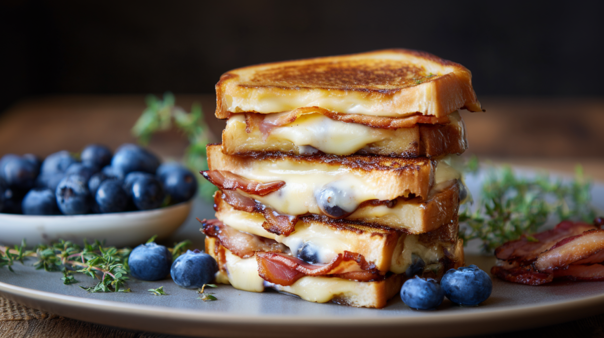 Ein Teller mit einem Stapel Grilled Cheese Sandwiches mit Blaubeeren, Bacon und Brie.