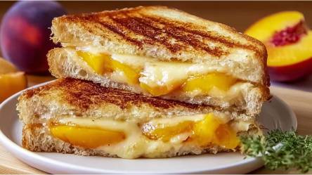 Teller mit zwei Grilled Cheese Sandwich mit Pfirsich