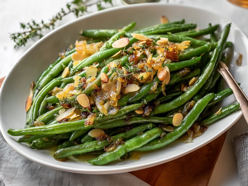 Ein ovalförmiger Teller mit einer großen Portion grüner Bohnen mit brauner Butter und gerösteten Mandeln. Der Teller steht auf einem dunklen Holzbrett. Außerdem ist ein graues Küchenhandtuch drapiert und man kann im Hintergrund einen Thymianzweig erkennen.
