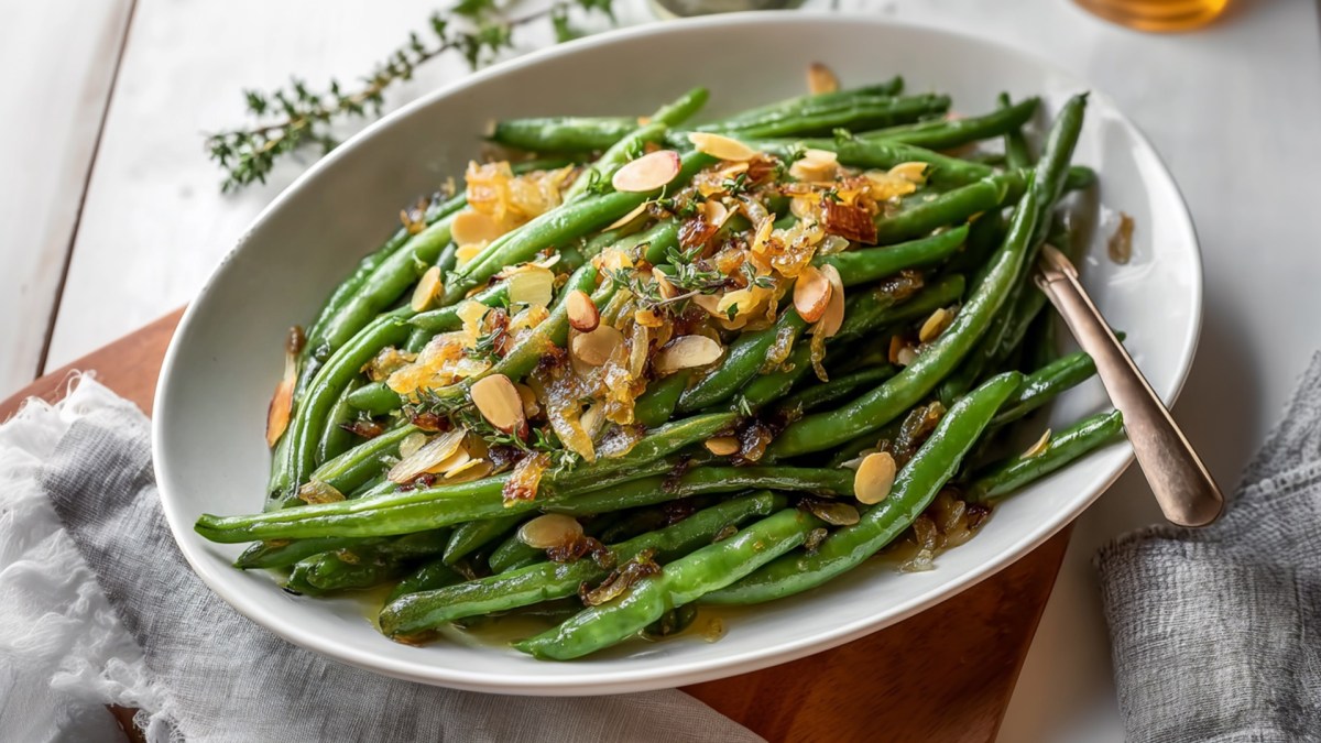 Ein ovalförmiger Teller mit einer großen Portion grüner Bohnen mit brauner Butter und gerösteten Mandeln. Der Teller steht auf einem dunklen Holzbrett. Außerdem ist ein graues Küchenhandtuch drapiert und man kann im Hintergrund einen Thymianzweig erkennen.