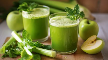 Grüner Saft, auf zwei Gläser verteilt und mit zwei Minzezweigen dekoriert. Äpfel, Staudensellerie und frische Minze liegen als Dekoration außen herum.
