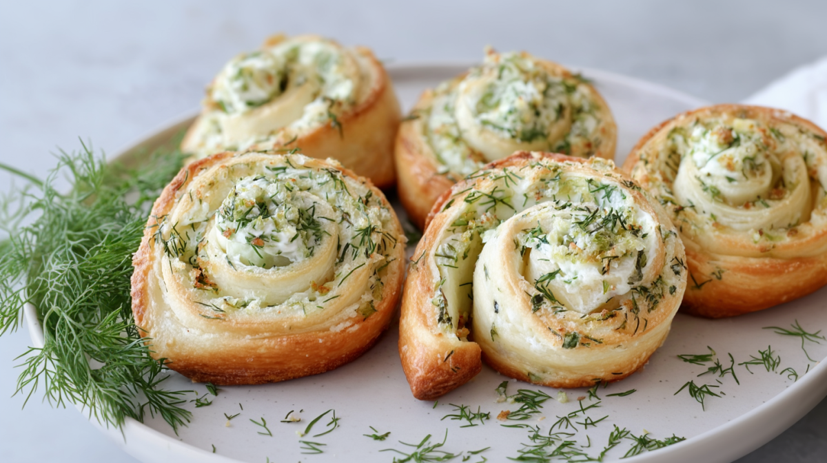 Fünf Gurken-Frischkäse-Schnecken liegen auf einem weißen Teller. Sie sind mit frischem Dill bestreut und daneben liegt noch weiterer frischer Dill.