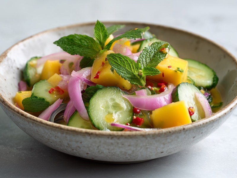 Ein Teller mit Gurken-Mango-Salat, der mit frischer Minze garniert ist.