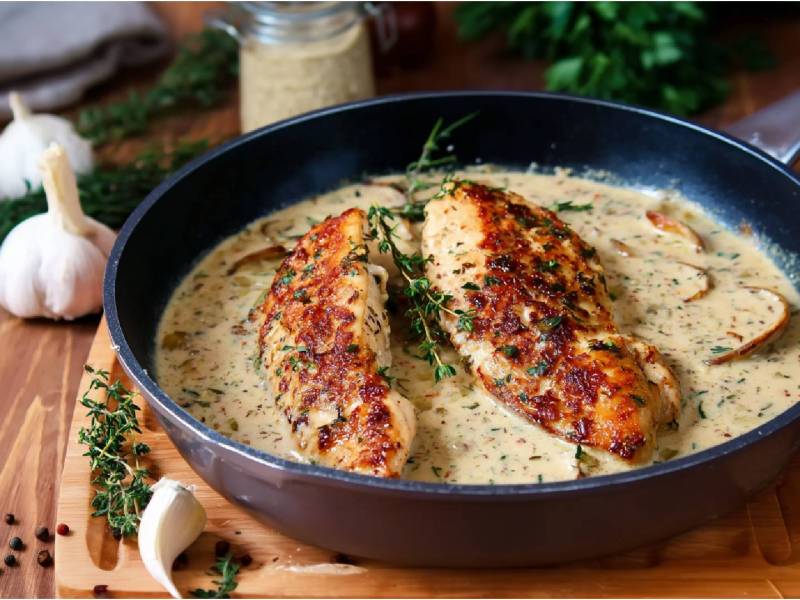 Pfanne mit Hähnchenbrust in Kräutersoße