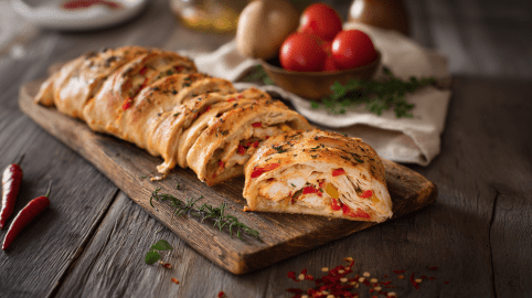 Ein Hähnchen-Speck-Stromboli auf einem rustikalen Holzbrett. Links liegen einige Chilischoten. Im Hintergrund sieht man eine Schale mit Tomaten. drumherum liegen frische Kräuter verteilt.