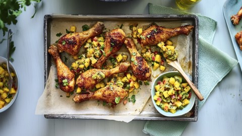 Ein Blech voller Hähnchenkeulen mit Mango-Kiwi-Salsa in der Draufsicht.