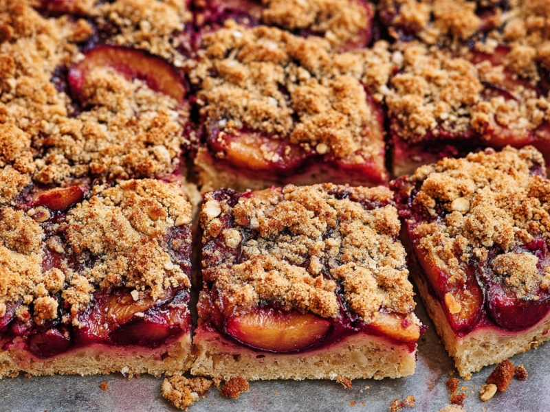 Einige Stücke Haferflocken-Pflaumenkuchen vom Blech in der Nahaufnahme.