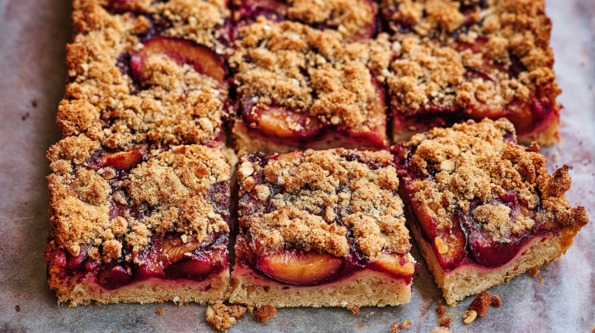 Einige Stücke Haferflocken-Pflaumenkuchen vom Blech in der Nahaufnahme.