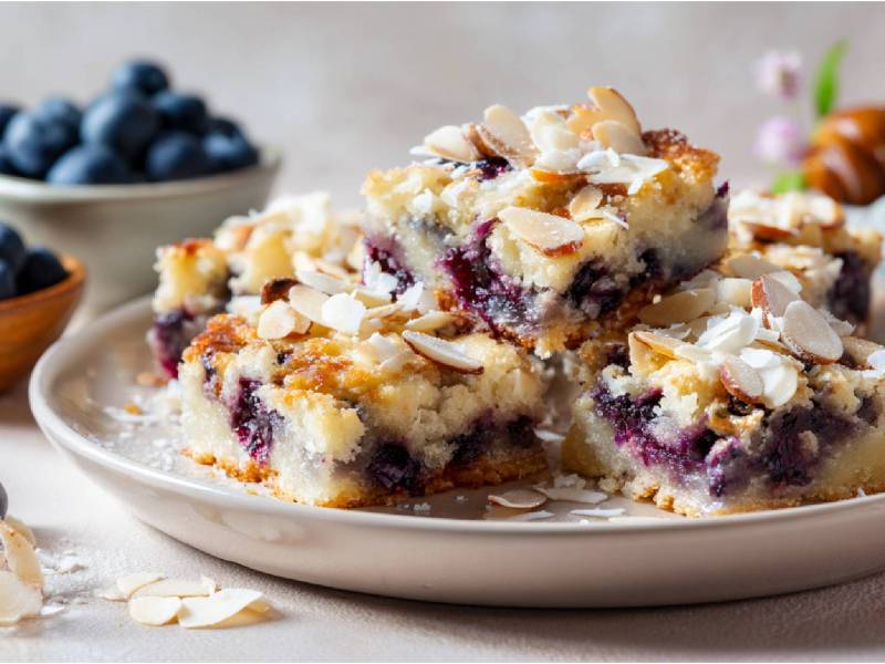 Teller mit Stücken von Heidelbeer-Buttermilchkuchen mit Kokos-Mandel-Kruste