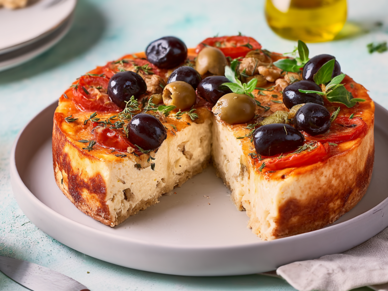 Herzhafter Cheesecake, dekoriert mit Oliven und Kräutern, steht angeschnitten auf einem Teller.