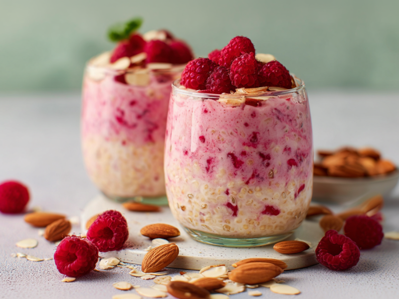 Zwei Gläser mit Himbeer-Mandel-Overnight-Oats, darum liegen Früchte und Mandeln als Dekoration