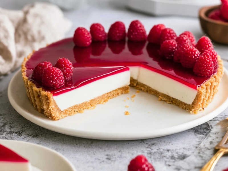 Ein Teller, auf dem man eine angeschnittene Himbeer-Panna-Cotta-Tarte zu sehen ist, die mit frischen Himbeeren garniert ist. Neben dem Teller liegt eine alte Kuchengabel. Im Hintergrund ist eine Schale zu sehen mit Himbeeren. Im Vordergrund kann man ein Stück Tarte auf einem Teller erkennen.