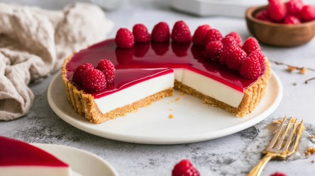 Ein Teller, auf dem man eine angeschnittene Himbeer-Panna-Cotta-Tarte zu sehen ist, die mit frischen Himbeeren garniert ist. Neben dem Teller liegt eine alte Kuchengabel. Im Hintergrund ist eine Schale zu sehen mit Himbeeren. Im Vordergrund kann man ein Stück Tarte auf einem Teller erkennen.