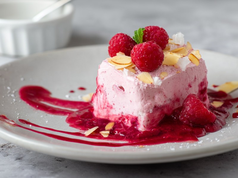 Ein Himbeer-Parfait, dass auf etwas Himbeerpüree angerichtet ist und mit frischen Himbeeren, zerkrümeltem Baiser und gerösteten Mandelblättchen garniert ist.